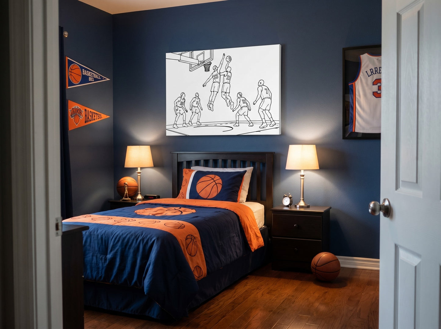 Basketball Action Stretched Canvas — Minimalist Sports Wall Art