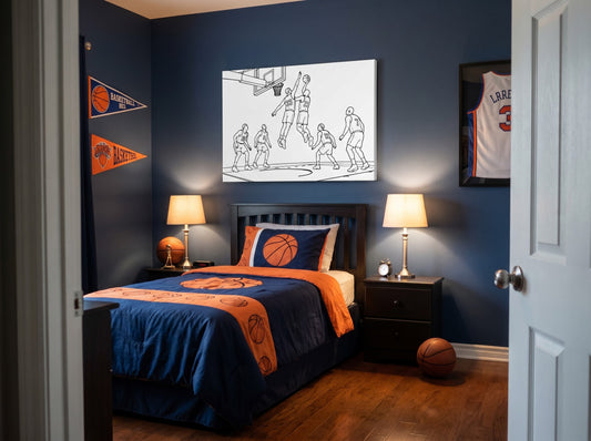 Basketball Action Stretched Canvas — Minimalist Sports Wall Art