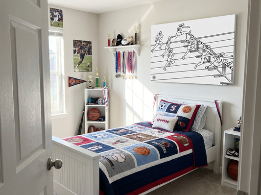 Hurdles Track Stretched Canvas Wall Art — Minimalist Black & White Sports Art